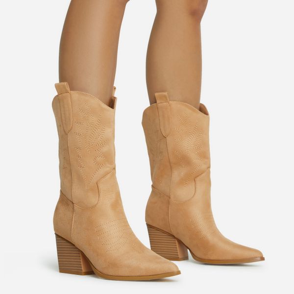 Jessie Embroidered Detail Pointed Toe Block Heel Western Cowboy Ankle Boot In Camel Faux Suede, Women's Size Uk 9
