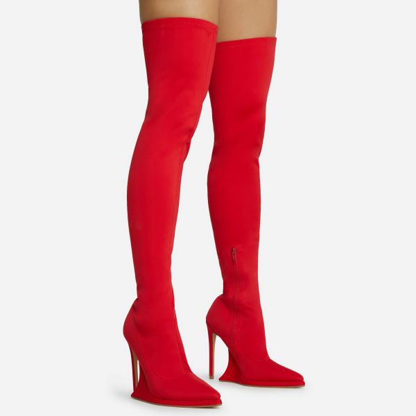 Scream Pointed Toe Statement Platform Stiletto Heel Over The Knee Thigh High Long Boot In Red Lycra, Women's Size UK 4