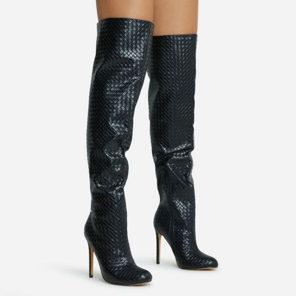 Ronnie Woven Detail Stiletto Heel Over The Knee Thigh High Long Boot In Black Faux Leather, Women's Size UK 4