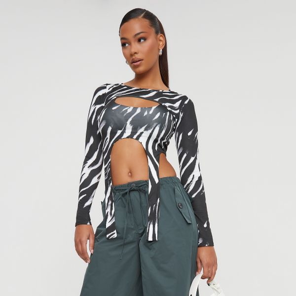 Long Sleeve Double Layered Crop Top In Monochrome Printed Slinky, Women's Size UK 8
