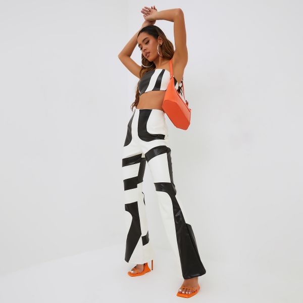 Bandeau Crop Top And High Waist Flared Leg Trouser Co-Ord Set In Monochrome Printed Faux Leather, Women's Size UK 8