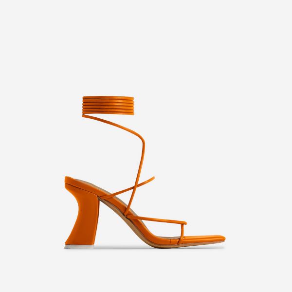 Mind-Maze Wide Fit Lace Up Twisted Strap Square Toe Curved Low Block Heel In Orange Faux Leather, Women's Size UK 4