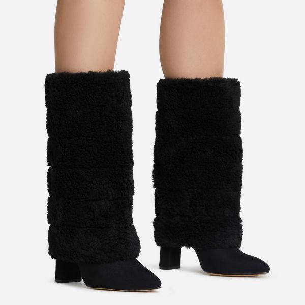 Akili Pointed Toe Block Heel Mid Calf Boot In Black Faux Sude And Faux Fur, Women's Size UK 4