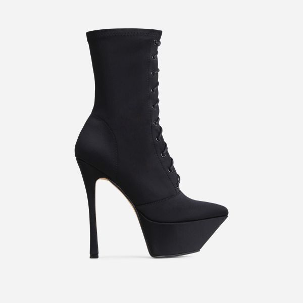 Baddie-City Lace Up Pointed Toe Statement Platform Stiletto Ankle Sock Boot In Black Lycra, Women's Size UK 5