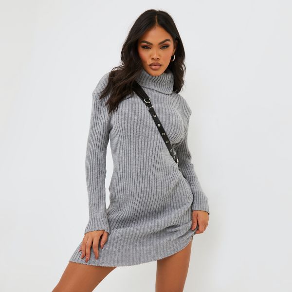 Knitted Roll Neck Mini Dress In Grey, Women's Size UK Small/Medium S/M