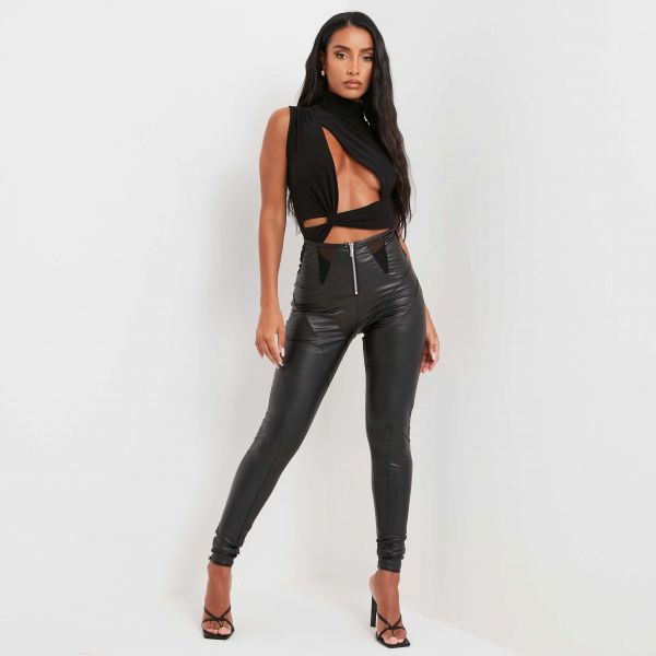 High Waist Mesh Insert Zip Detail Contour Leggings In Black Faux Leather, Women's Size UK 8