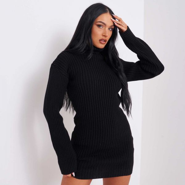 Knitted Roll Neck Mini Dress In Black, Women's Size UK Medium/Large M/L