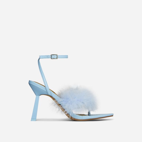 Edna Fluffy Faux Feather Detail Pointed Toe Slanted Heel In Light Blue Faux Leather, Women's Size UK 4