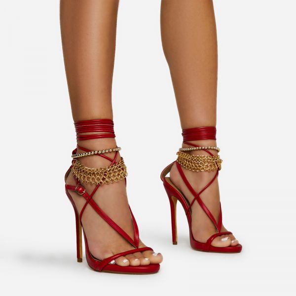Genie Lace Up Chain Buckle Detail Open Toe Platform Stiletto Heel In Red Faux Leather, Women's Size UK 4