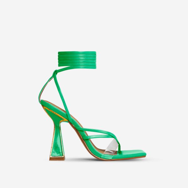Last-Call Lace Up Gold Detail Square Toe Statement Block Heel In Green Faux Leather, Women's Size UK 4