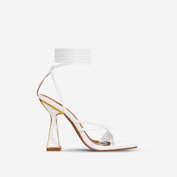 Last-Call Lace Up Gold Detail Square Toe Statement Block Heel In White Faux Leather, Women's Size UK 4