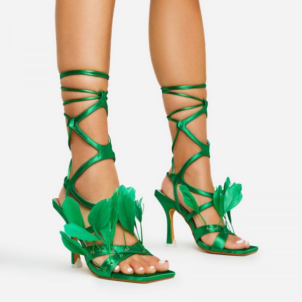Levitating Lace Up Faux Feather Detail Strappy Square Toe Heel In Green Satin, Women's Size UK 4