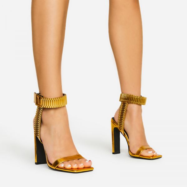 Lisa Link Strap Detail Square Toe Thin Block Barely There Heel In Gold Metallic Faux Leather, Women's Size UK 4