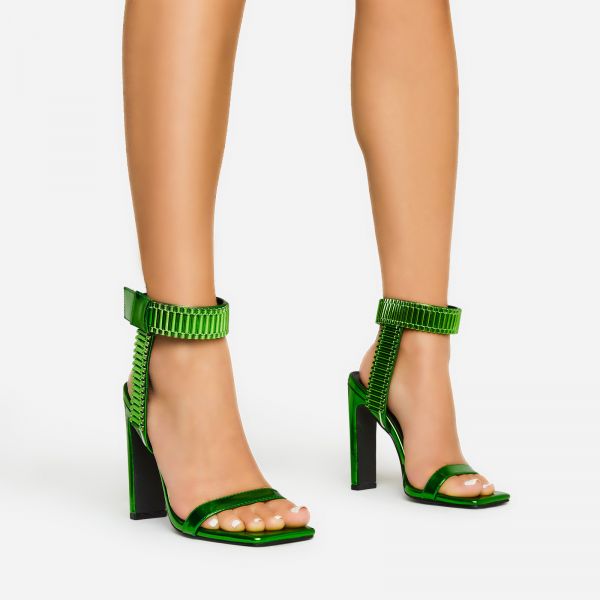 Lisa Link Strap Detail Square Toe Thin Block Barely There Heel In Green Metallic Faux Leather, Women's Size UK 4