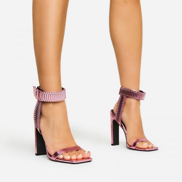 Lisa Link Strap Detail Square Toe Thin Block Barely There Heel In Pink Metallic Faux Leather, Women's Size UK 4