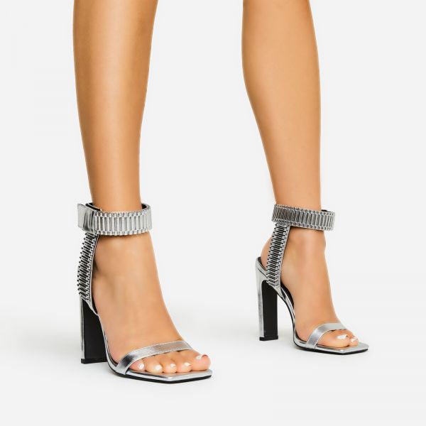Lisa Link Strap Detail Square Toe Thin Block Barely There Heel In Silver Metallic Faux Leather, Women's Size UK 5