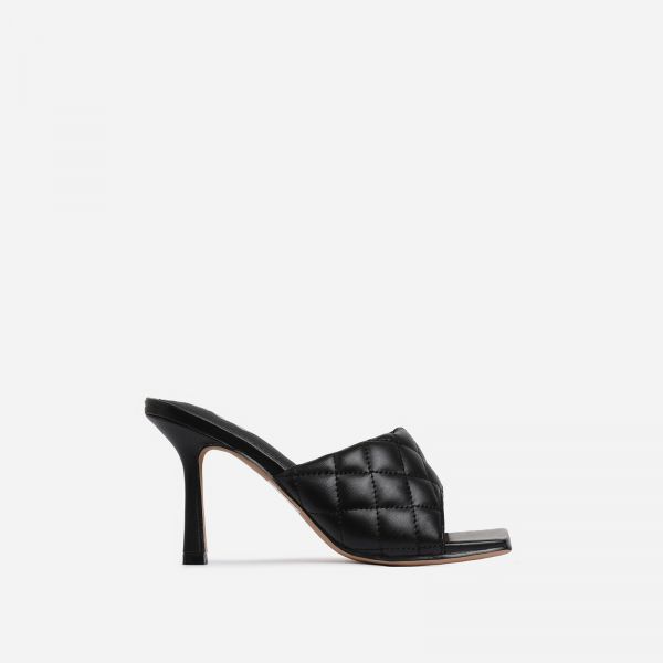 Tropez Square Toe Quilted Heel Mule In Black Faux Leather, Women's Size UK 7