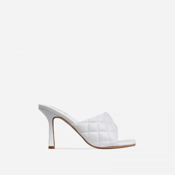 Tropez Square Toe Quilted Heel Mule In White Faux Leather, Women's Size UK 8