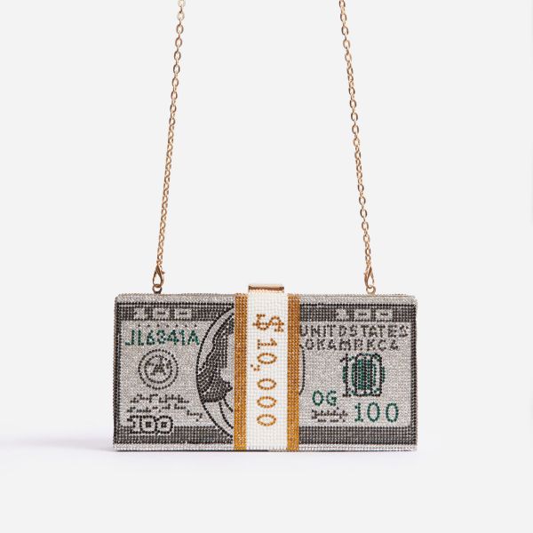 Boujee Premium Crystal Dollar Bill Cross Body Bag In Silver, One Size