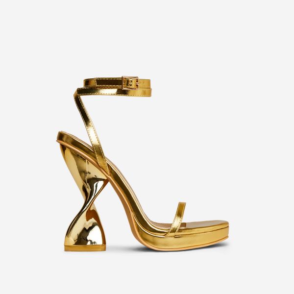 Vida-Loca Open Toe Platform Twisted Statement Heel In Gold Metallic Faux Leather, Women's Size UK 4