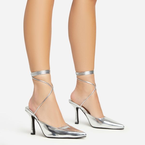 Sandra Lace Up Pointed Toe Low Heel In Silver Patent image 1
