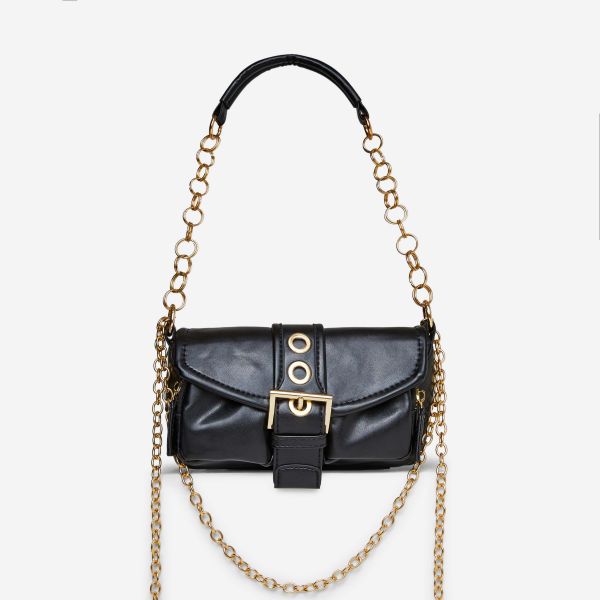 Harla Buckle Chain Detail Shaped Shoulder Bag In Black Faux Leather