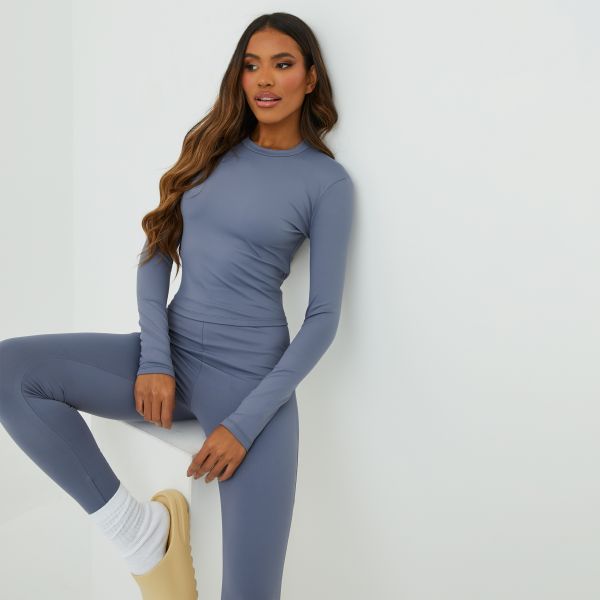 High Neck Long Sleeve Super Stretch Top In Grey