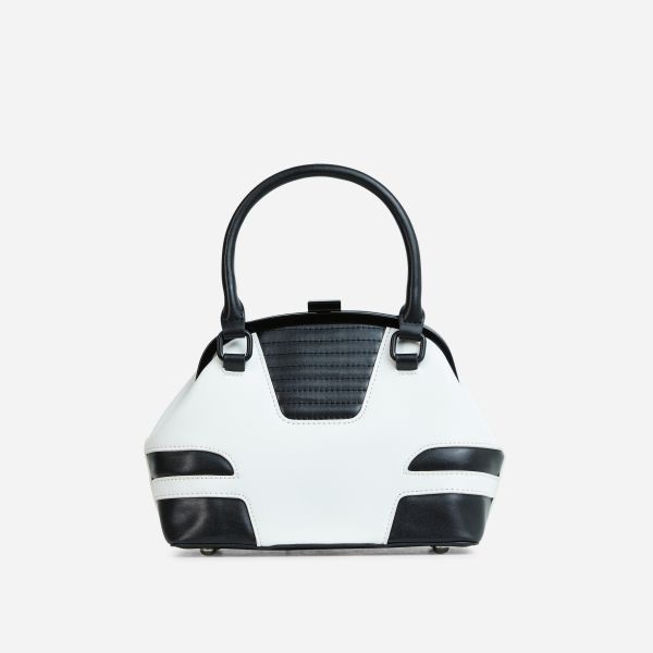 Never-Ever Panelled Detail Shaped Grab Bag In White And Black Faux Leather