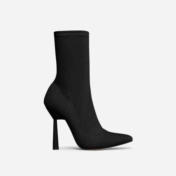 Brooks Pointed Toe Sculptured Round Heel Ankle Sock Boot In Black Lycra