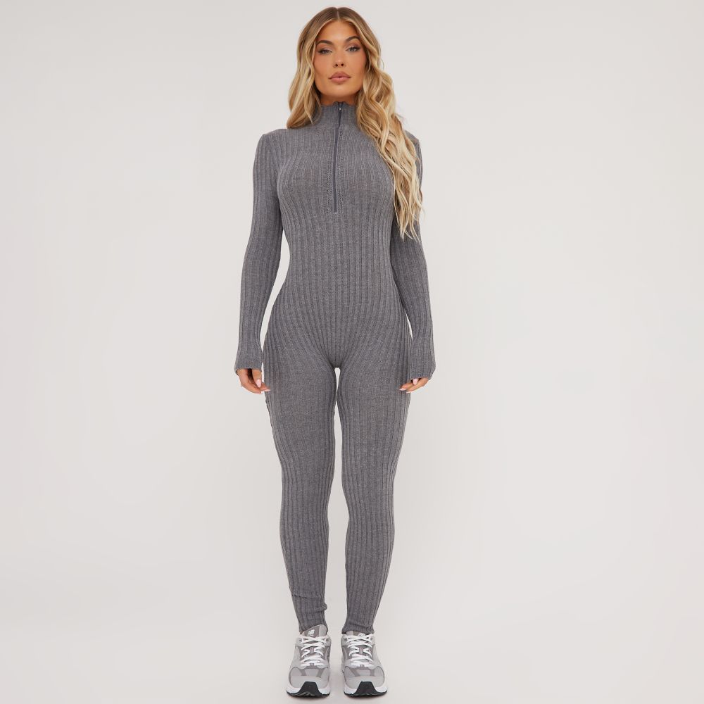 High Neck Zip Front Detail Jumpsuit In Grey Rib Knit
