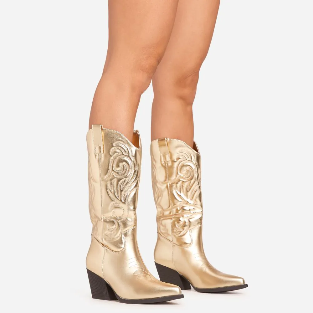 Bryson Embroidered Detail Pointed Toe Mid Calf Western Cowboy Boot In Gold Faux Leather