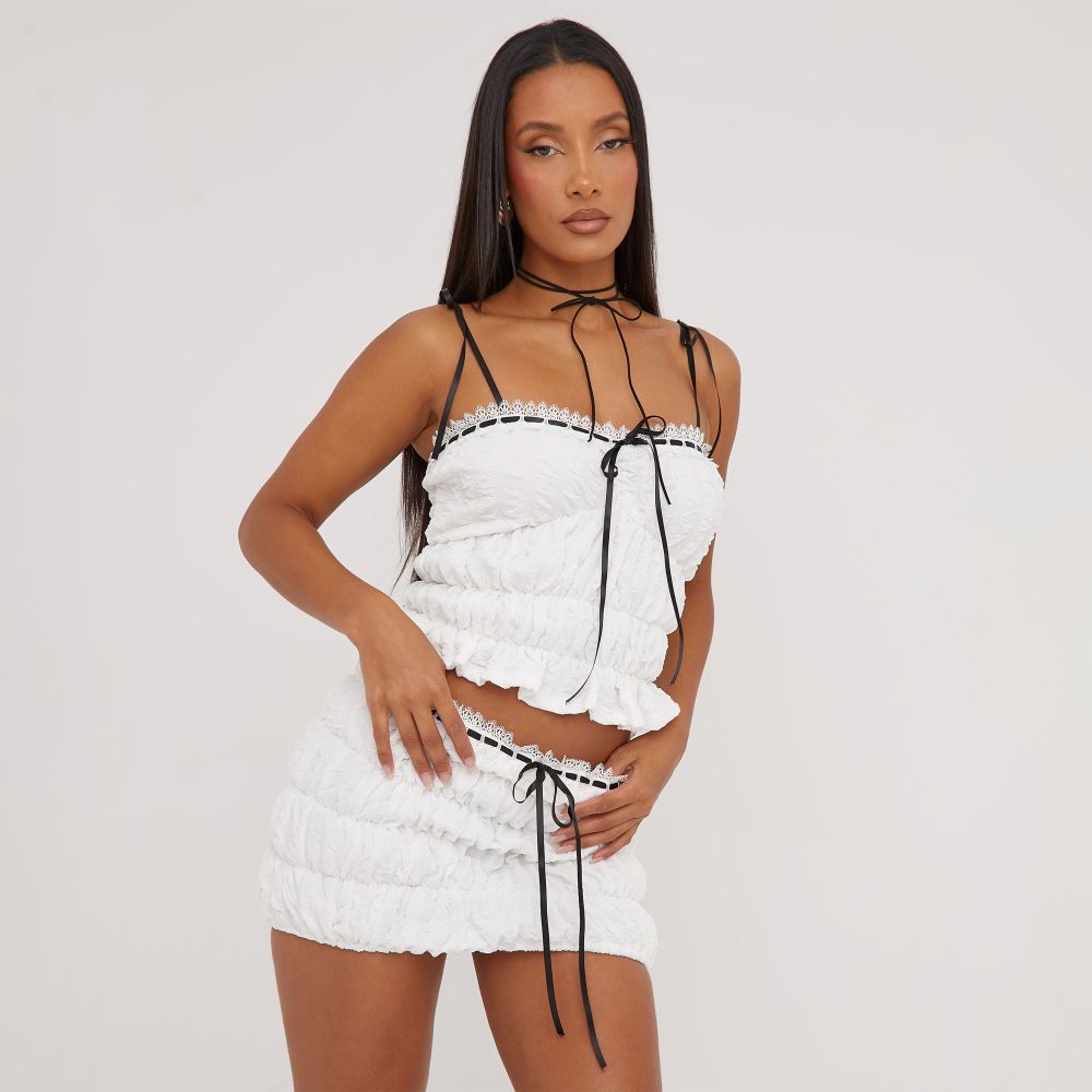 Contrast Strappy Ribbon Detail Lace Trim Top In Cream Shirred