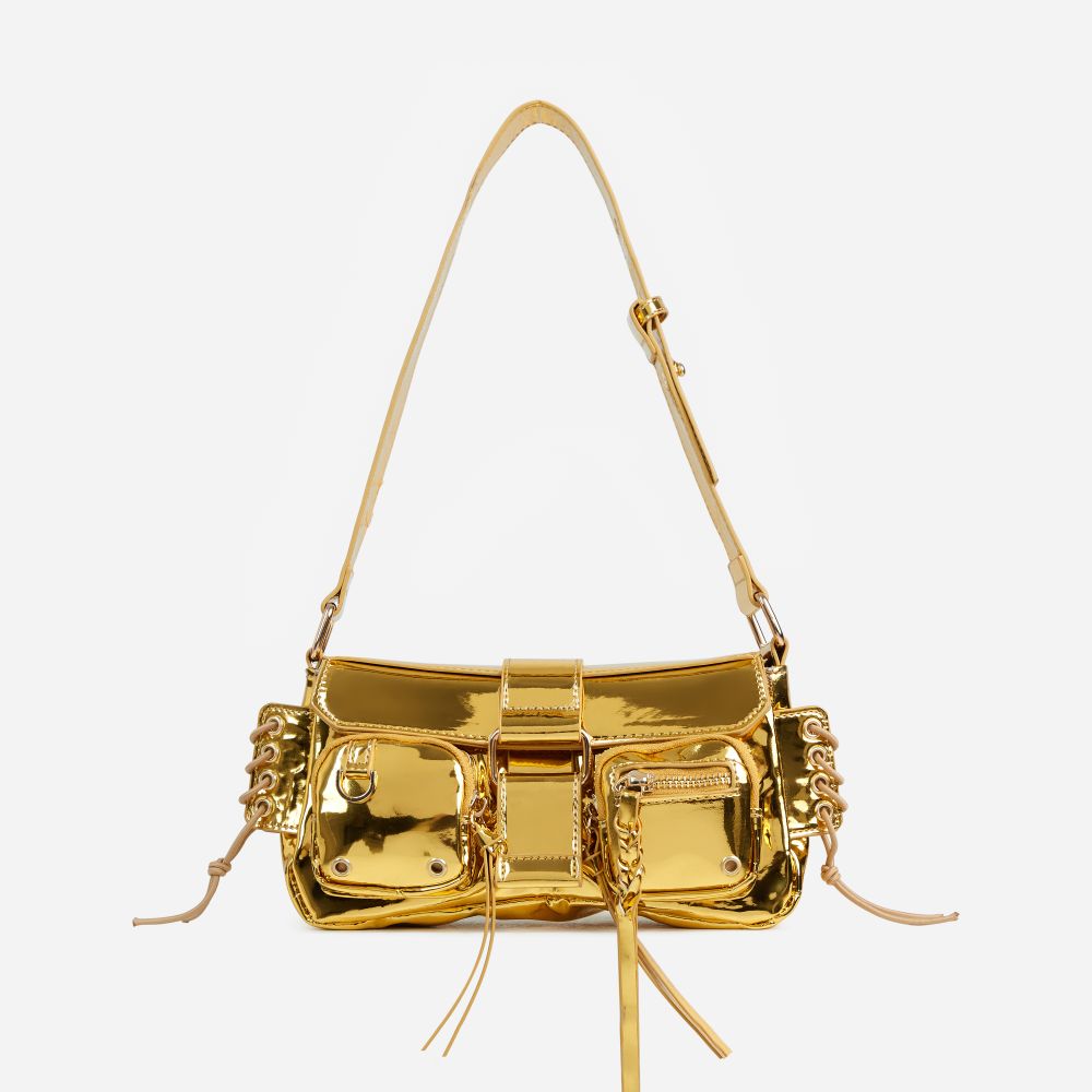 Lake Multi Pocket Zip Detail Shoulder Bag In Gold Patent