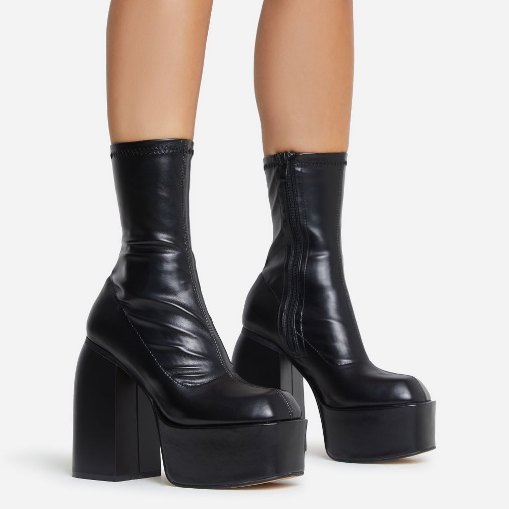 Bamboozle Closed Square Toe Chunky Platform Block Heel Ankle Sock Boot In Black Faux Leather