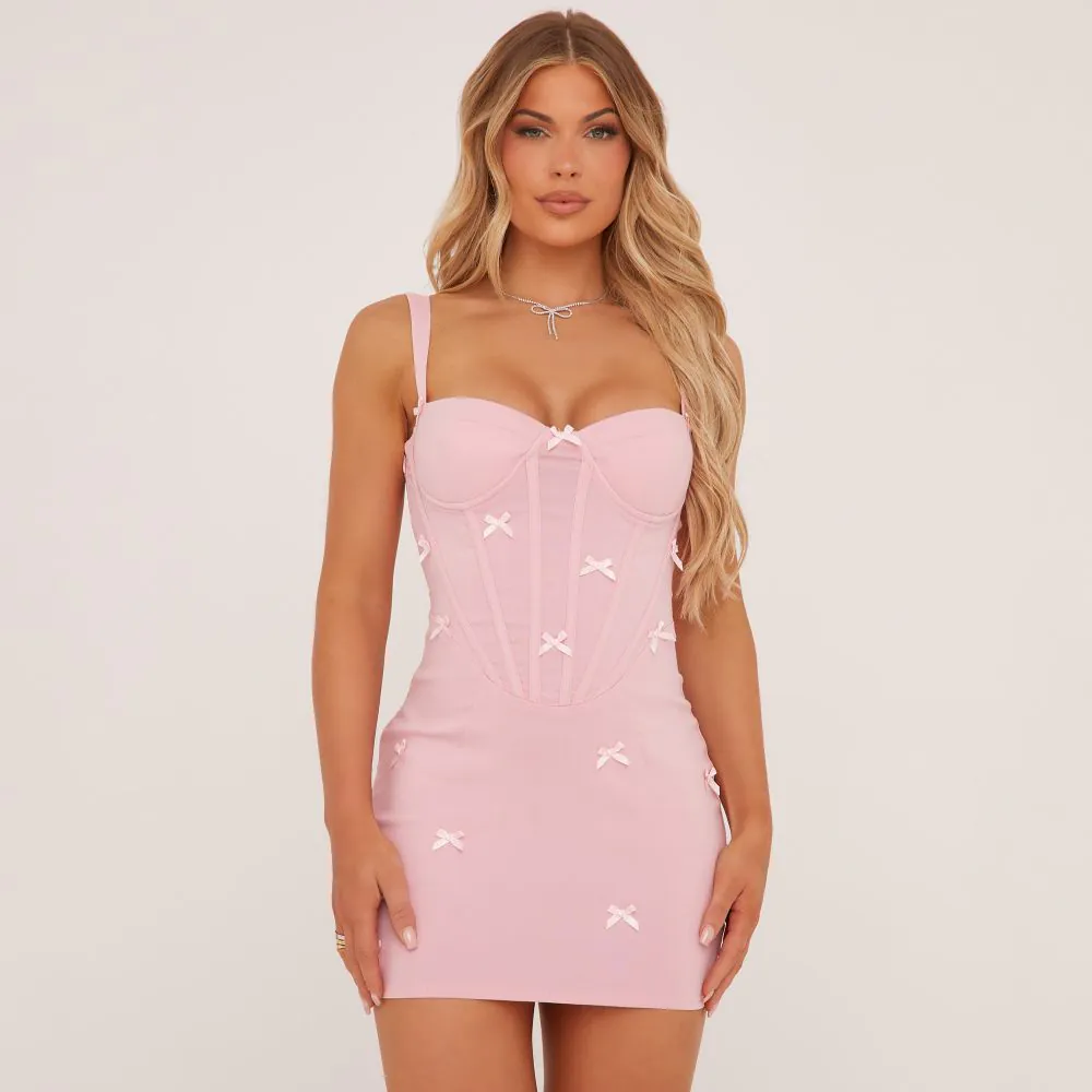 Strappy Satin Bow Detail Corseted Mini Bodycon Dress In Pink