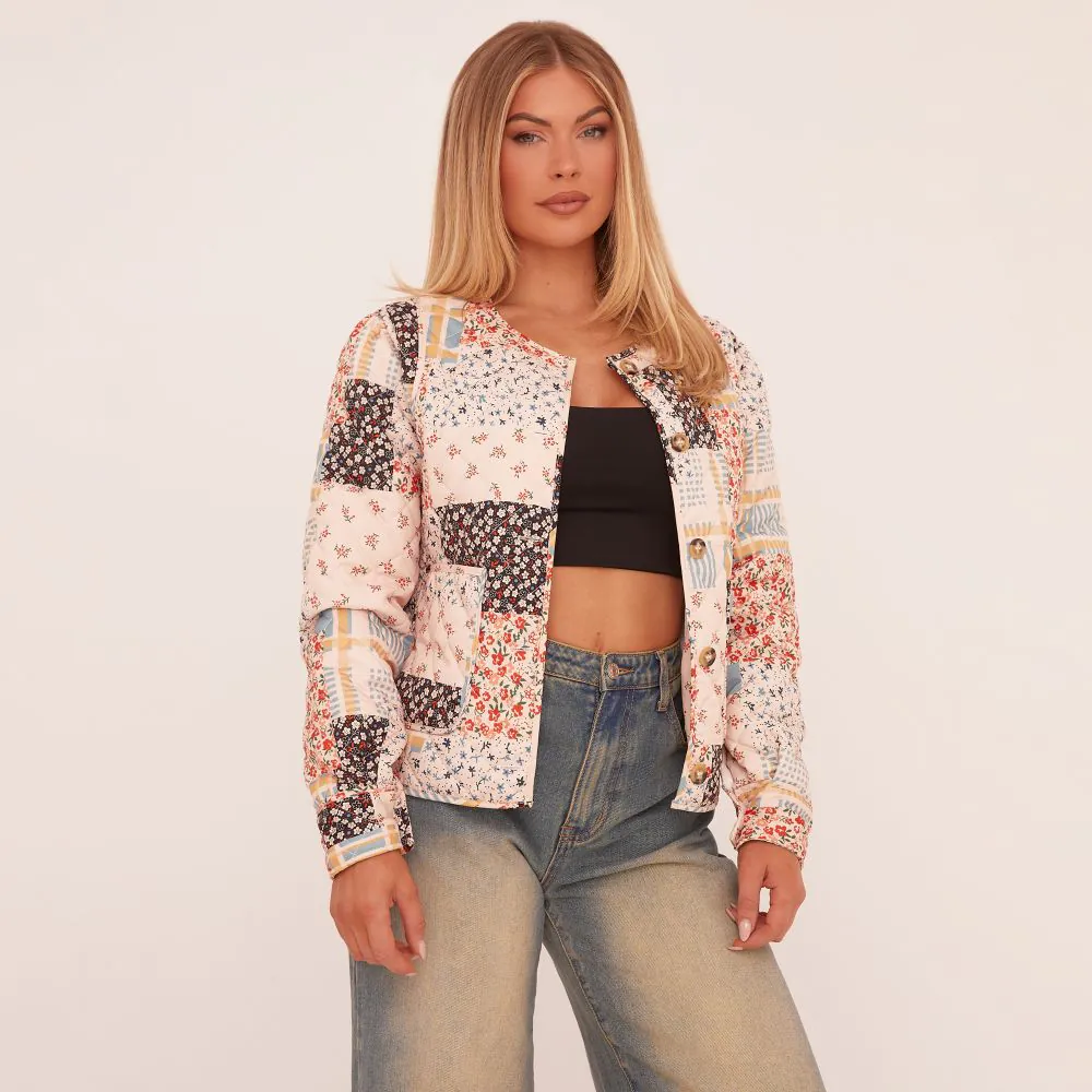 Patchwork Detail Quilted Bomber Jacket In White Multi Floral Print