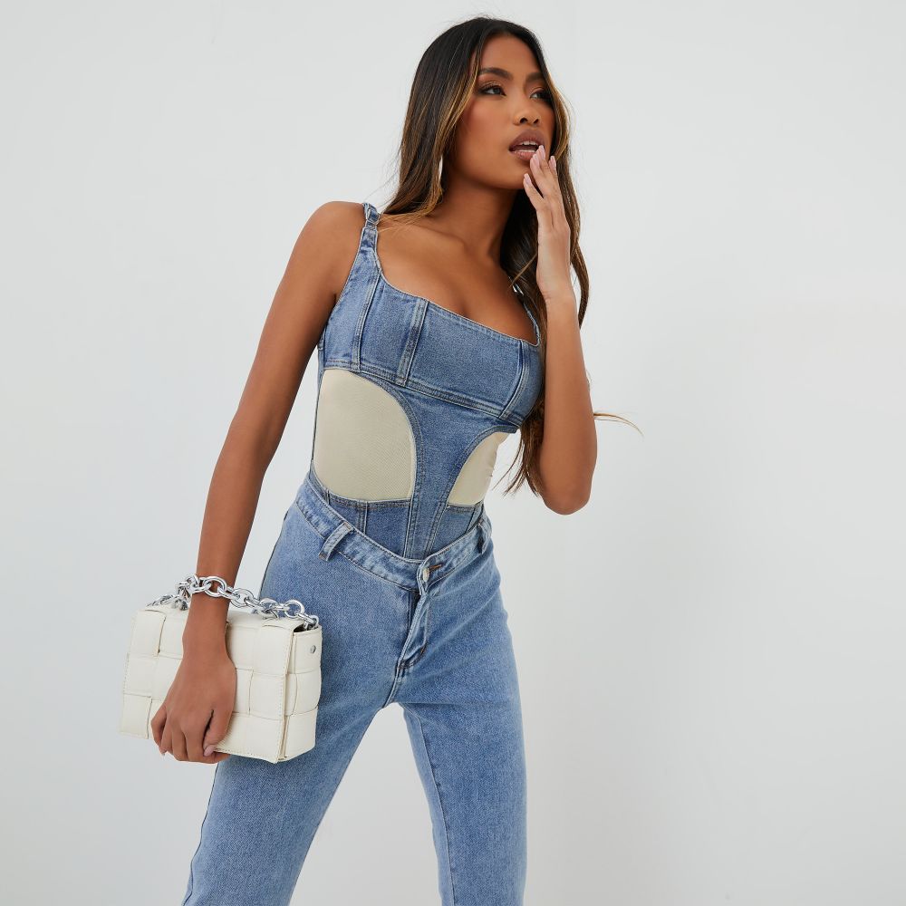 Square Neck Cut Out Detail Corset Top In Contrast Nude Mesh And Blue Denim