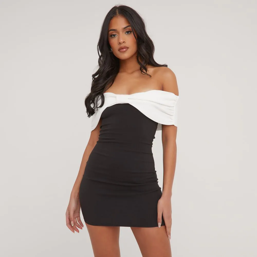 Bardot Contrast Bow Detail Mini Bodycon Dress In Black EGO