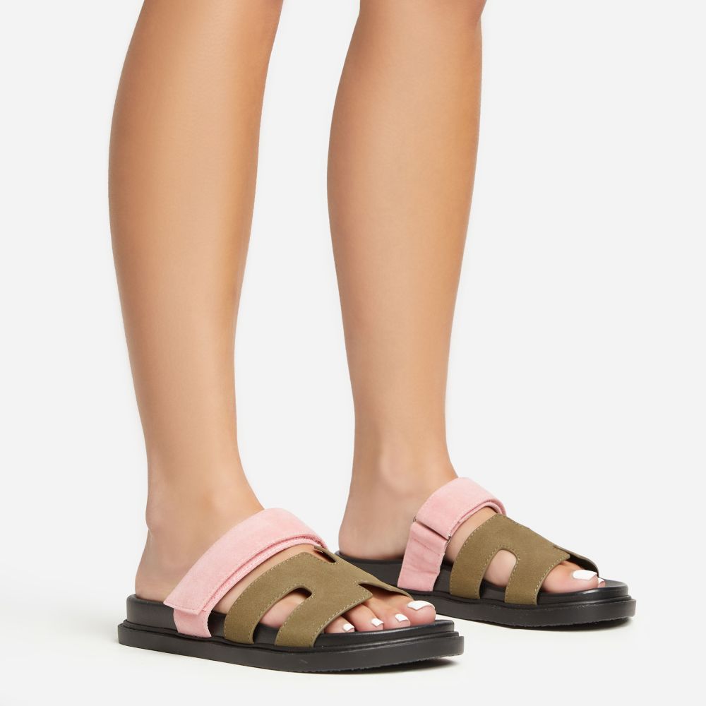 Valerie Gladiator Velcro Strap Flat Slider Sandal In Khaki And Pink ...