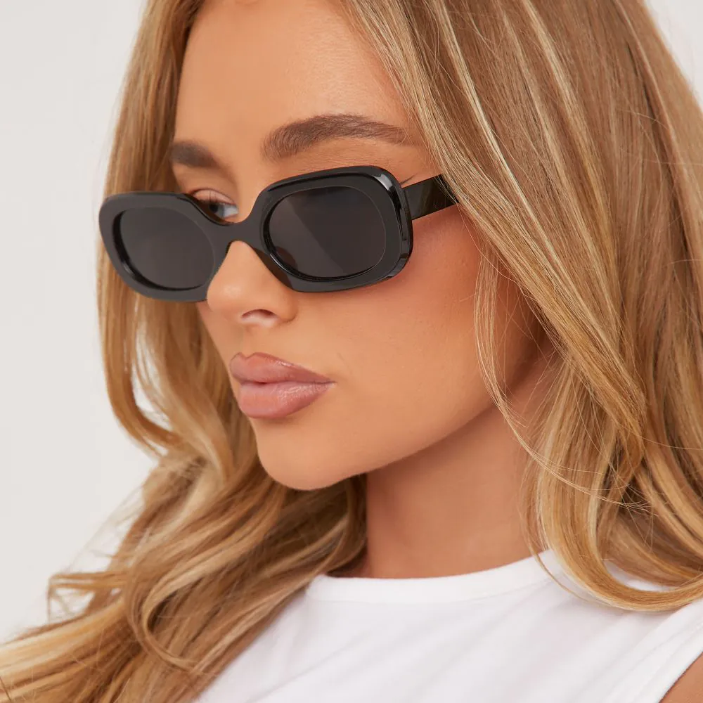 Oval Shape Slim Frame Sunglasses In Black