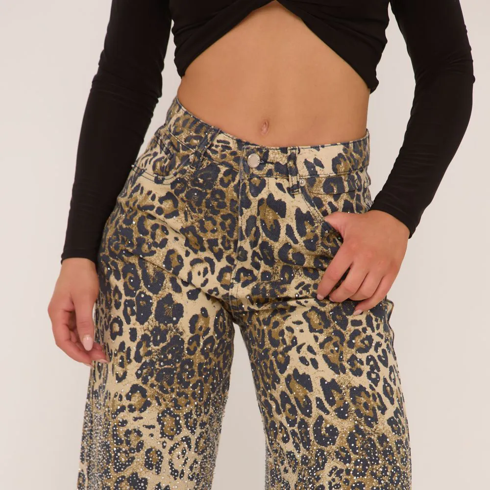 High Waist Diamante Detail Straight Leg Jeans In Brown Leopard Print Denim  | EGO