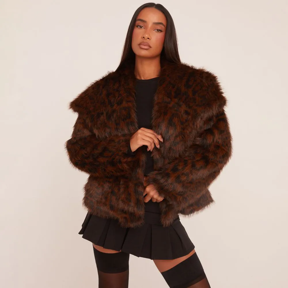 Oversized Collar Coat In Chocolate Brown Leopard Print Faux Fur