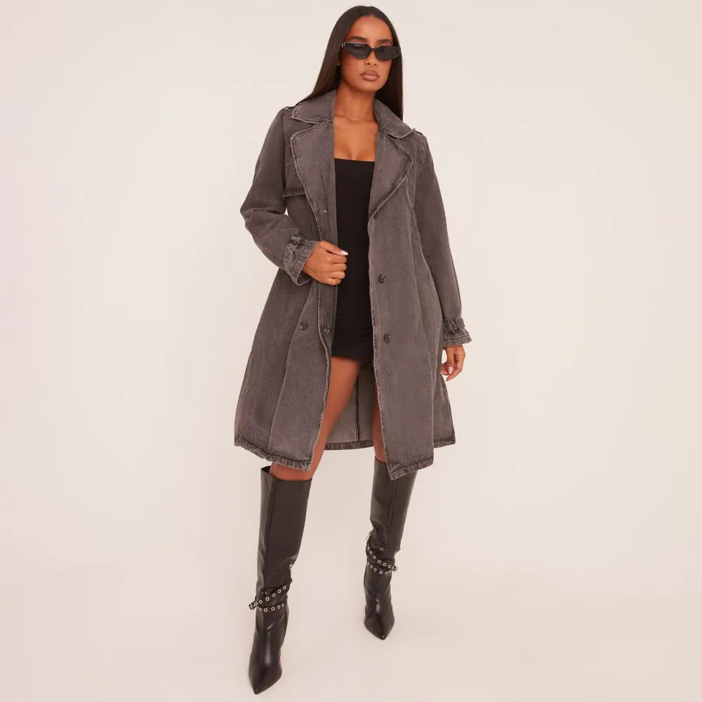 Button Front Trench Coat In Grey Denim