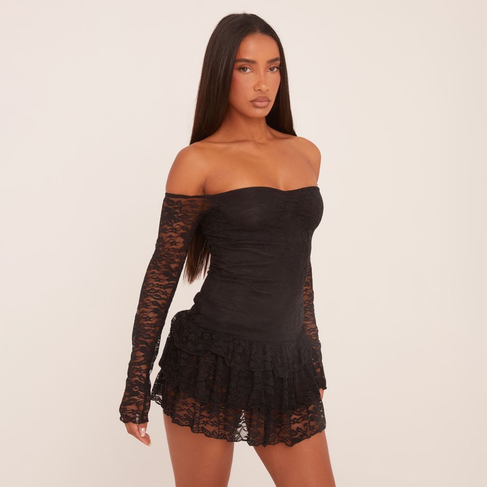 Bardot Tiered Hem Mini Dress in Black Lace Women s Size US 6 Ego