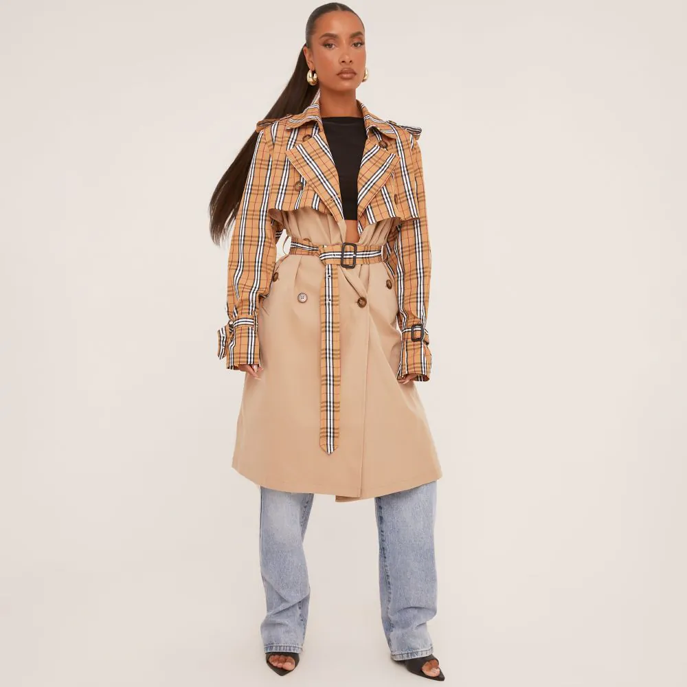 Contrast Checkered Overlay Mid Length Oversized Trench Coat In Stone