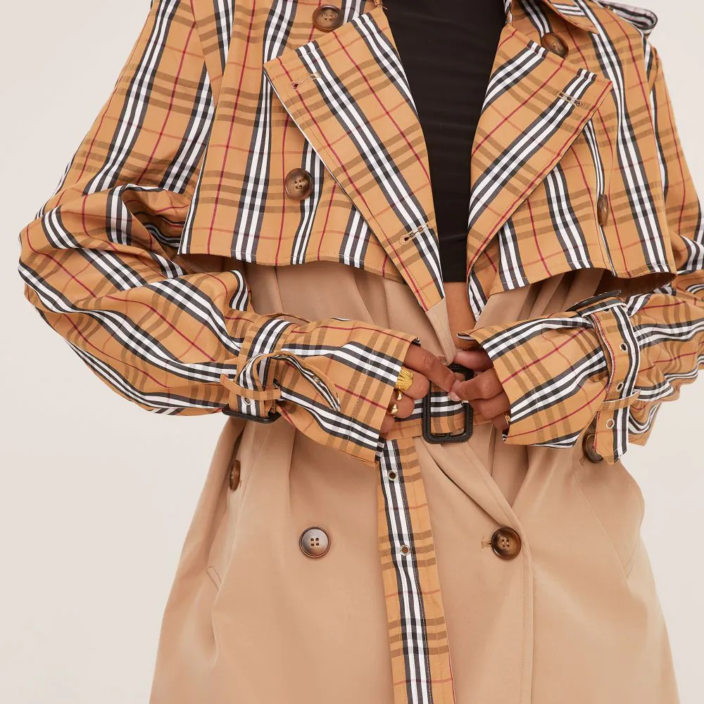 Contrast Checkered Overlay Mid Length Oversized Trench Coat In Stone