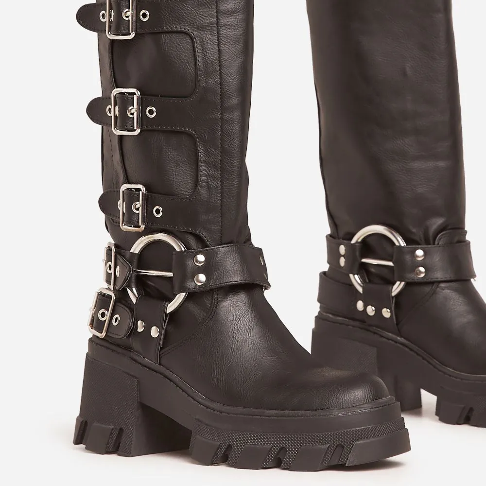 Buckle Up Now Side Buckle Detail Chunky Sole Mid Calf Biker Boot In Black Faux Leather EGO