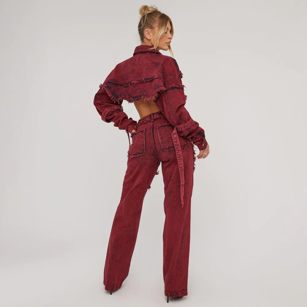 High Waist Frayed Detail Wide Leg Jeans In Washed Red Denim