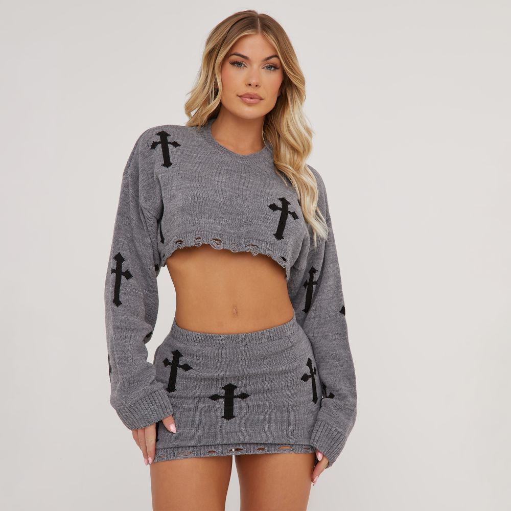 Long Sleeve Crucifix Detail Cropped Oversized Jumper In Grey Knit | EGO