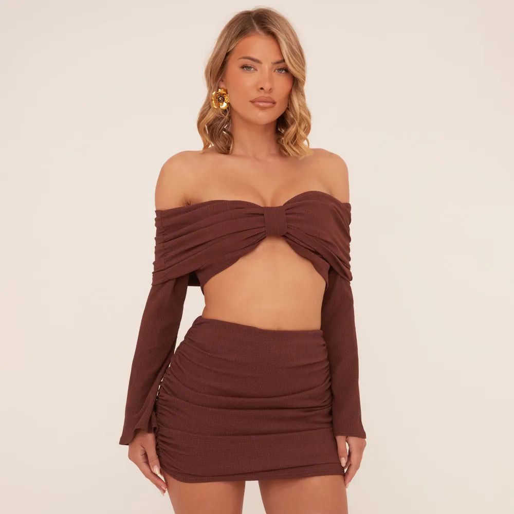 High Waist Ruched Side Mini Skirt In Brown Texture